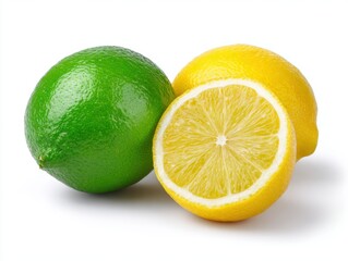 Green lime and ripe yellow lemon isolated on white background. citrus fruits