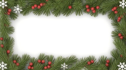 Festive christmas fir tree garland border with red berries and snowflakes on white background