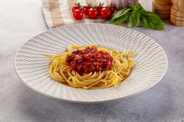 Italian pasta spaghetti bolognese with minced beef meat and tomato sauce