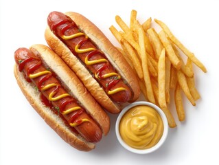 Delicious french hot dogs and fries isolated on white background, fast food