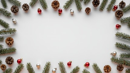 Christmas frame with pine cones fir branches and red silver ornaments on white background