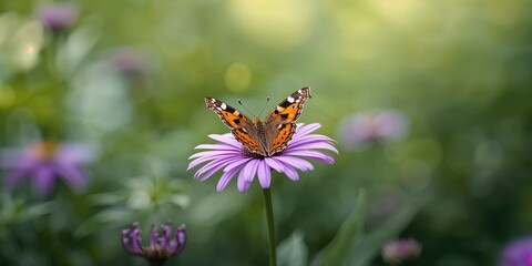 Obraz premium Plain tiger butterfly resting on a purple flower in a botanical garden, emphasizing pollinator activity