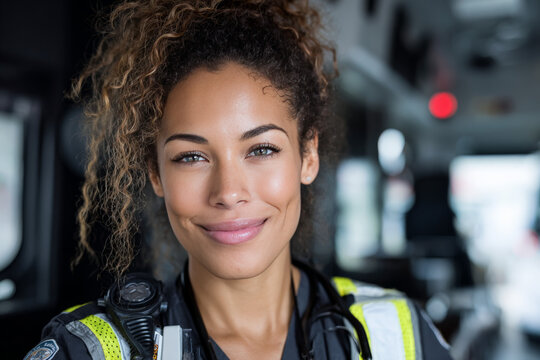 Confident african female paramedic smiling inside ambulance