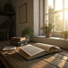 Open book on a close up of an open book with its pages gently fluttering in the breeze, placed on a wooden table by a sunny window, illuminating the space and a green plant nearby.