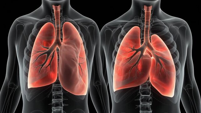 Animation of healthy and unhealthy lungs, showing bronchial cross-section