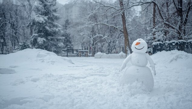 Snowman in a city park setting in Moscow, winter scene, seasonal holiday imagery