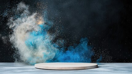 A circular wooden podium sits on a textured surface, with a dynamic explosion of blue and white powder, mixed with glitter, erupting behind it against a dark, t