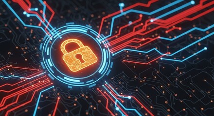 A digital padlock on a circuit board symbolizes cybersecurity, data protection, and network security in the digital age with advanced technology