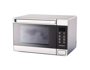 Fototapeta premium Modern digital microwave oven isolated on white, a sleek steel kitchen appliance with an electronic timer display for quick defrost and cooking