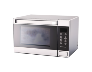 Modern digital microwave oven isolated on white, a sleek steel kitchen appliance with an electronic timer display for quick defrost and cooking