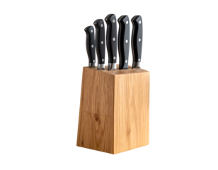 Set of sharp metal kitchen knives with wooden handles isolated on a white background