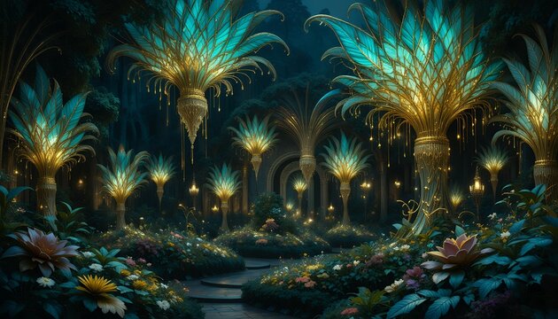 Mystical glowing oversized plants illuminating dark enchanted forest with magical ambiance and
