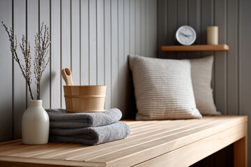 Cozy scandinavian sauna decor with wooden bench and minimalist accessories