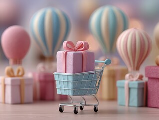Pastel E-commerce Scene with Mini Shopping Cart, Gift Boxes and Floating Hot Air Balloons 3D Render