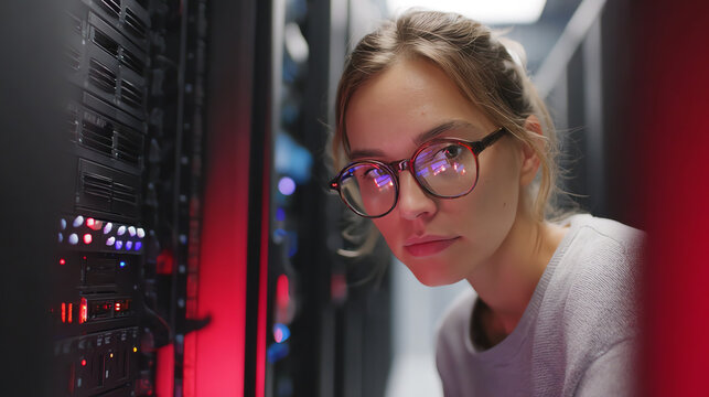 A focused woman working in a data center, surrounded by servers and network equipment, highlighting tech expertise.