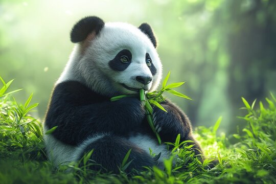 A cute panda with black and white fur and big eyes eating bamboo while sitting on grass in an ancient forest, looking curiously.