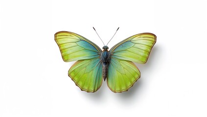 Obraz premium Vibrant green and blue butterfly with transparent wings, isolated on white background, ideal for nature-themed layouts