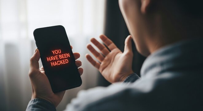 A man is holding a smartphone with the message you have been hacked displayed on the screen, expressing concern and frustration about the security breach