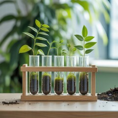 Over the white background, some laboratory petri dishes filled with green liquid and have tea tree leaves inside. Production of natural skincare products in the laboratory
