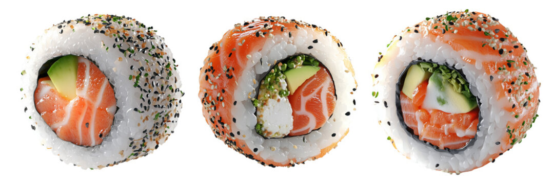 Salmon sushi roll filled with avocado and cucumber isolated on white transparent background, concept of Japanese cuisine