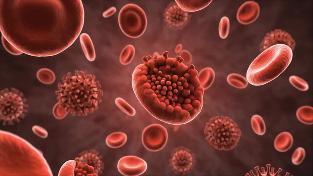 Microscopic animation of red blood cells, platelets, and virus particles