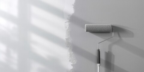 Vertical painting roller applying gray paint on wall, emphasizing maintenance and surface preparation