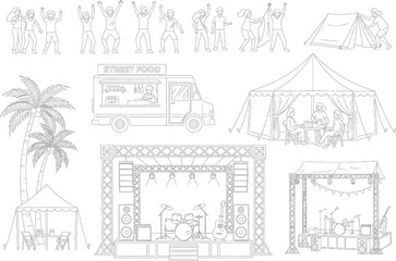 Fototapeta premium Collection of black and white sketches depicting various architectural elements and decorative motifs in a whimsical style