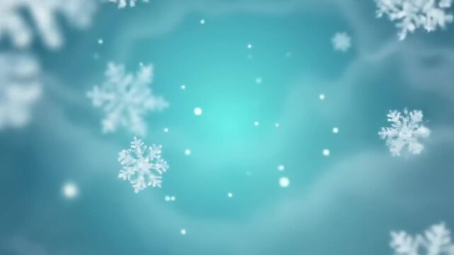 Beautiful Snowflakes Falling on a Teal Background with Bokeh Effect.