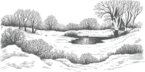 Hand drawn winter landscape sketch, snowy nature scene with bare trees and small pond, engraving vector