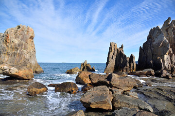 Hashigui Rocks natural stone formations in Kushimoto Town in Kii Peninsula in Wakayama, Japan