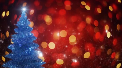 Magical glittering blue Christmas tree with sparkling lights against a warm red bokeh background brings joy and festive cheer during winter holidays