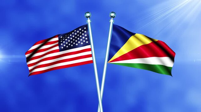 USA and Seychelles Flag Waving On Pole Loop