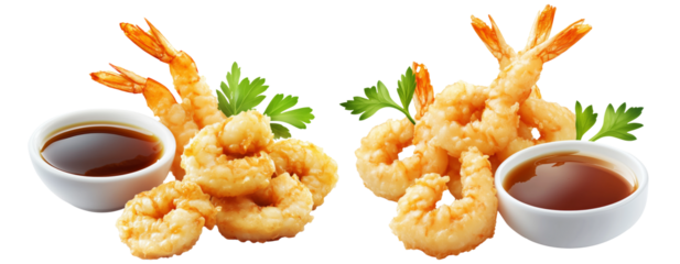 Fried shrimp tempura garnished with black sesame seeds, served with soy sauce in a bowl isolated on white background