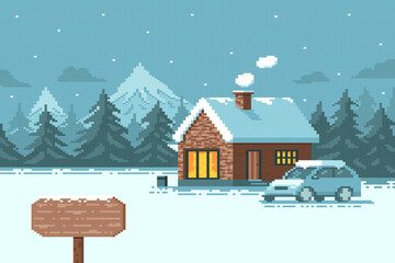 Brick houses and cars covered in snow in winter at night with wooden village sign.