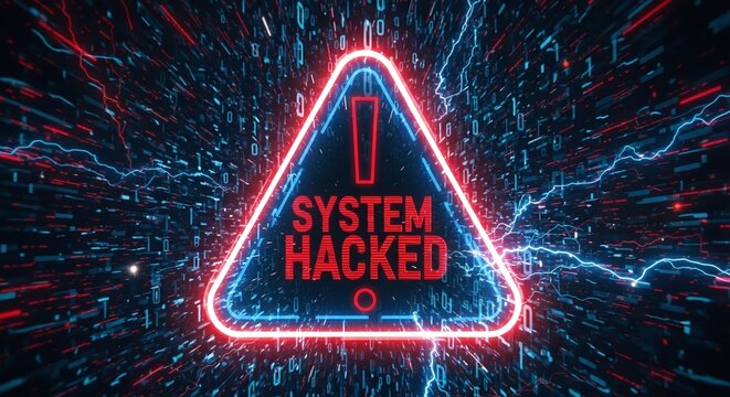 A digital illustration of a system hacked warning sign with a red and blue neon glow, surrounded by abstract digital data streams and glitch effects - Powered by Adobe