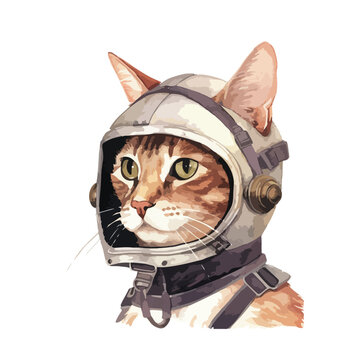 Watercolor Portrait of a Tabby Cat Astronaut with Green Eyes and Space Helmet