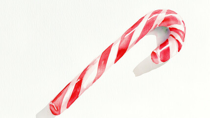 Soft watercolor candy cane with crisp red stripes subtle shading and gentle highlights resting on a bright white backdrop creating a sweet minimal Christmas detail for cozy visuals