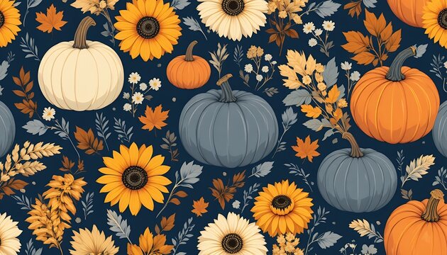 Seamless autumn harvest pattern with pumpkins sunflowers and seasonal foliage on dark background - Powered by Adobe