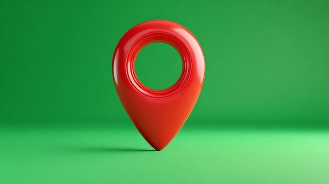 Bright red location marker icon on a vivid green background, symbolizing navigation and mapping. - Powered by Adobe
