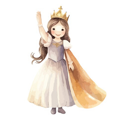 Fototapeta premium Watercolor Princess Waving with Golden Crown and Flowing Cape