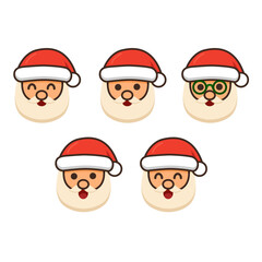 Five cute cartoon Santa Claus faces with different expressions, including one wearing green glasses, on a white background.