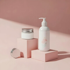Minimal Pink Skincare Packaging Display – Cosmetic Pump Bottle and Cream Jar Product Photography