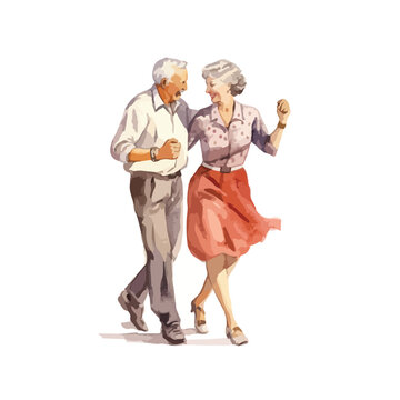Watercolor Style Illustration of an Elderly Couple Dancing Together Joyfully