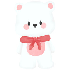 Cute White Bear Cartoon with Red Scarf - Watercolor