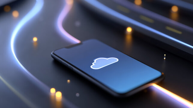 Smartphone with cloud icon on futuristic neon-lit surface