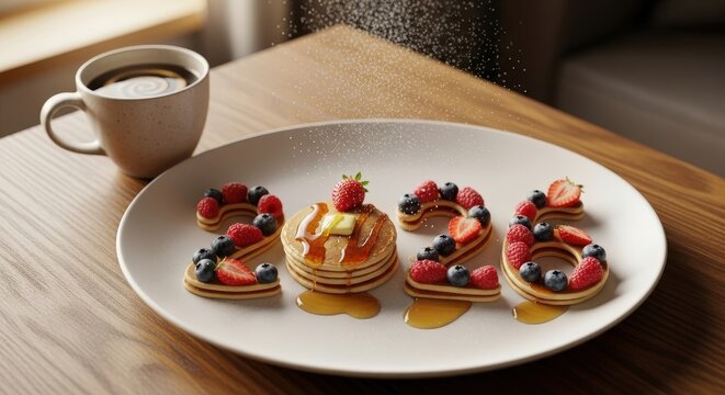 Delicious 2026 pancakes with fresh berries and maple syrup, topped with butter, on a white plate with coffee on a wooden table