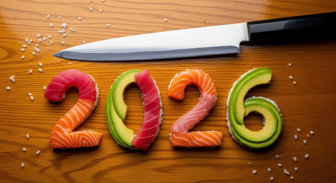 Sushi numbers 2026 made from fresh fish and avocado on a wooden board with a large chef knife and scattered rice grains - Powered by Adobe