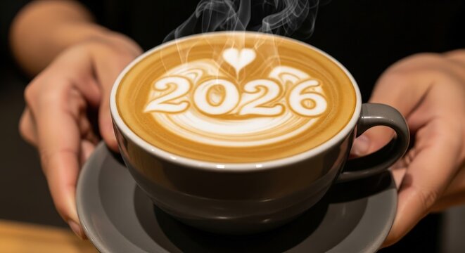 Person holding a steaming cup of coffee with 2026 latte art and a heart symbol indoors
