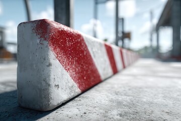 Red And White Concrete Barrier On Construction Site Ground. Safety Divider Close-Up Perspective