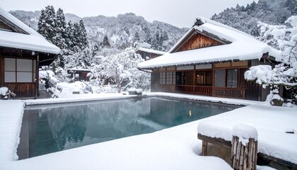 冬の露天風呂　日本の旅館の温泉